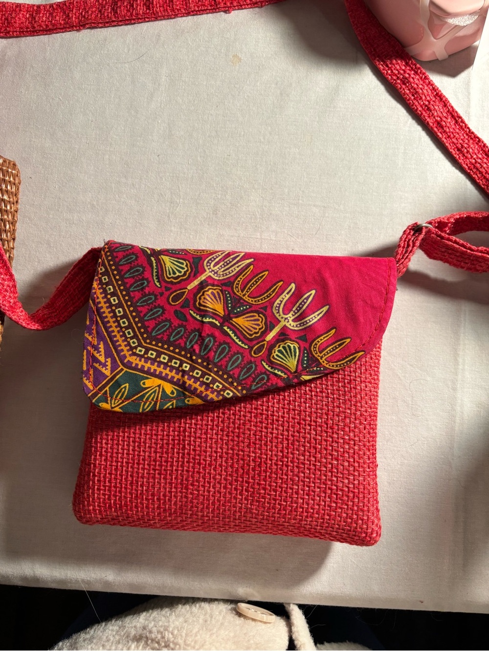 Red Woven Crossbody Bag with Patterned Flap